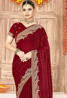 Maroon sequin zari embroidered siroski stone work two tone silk saree sari 4