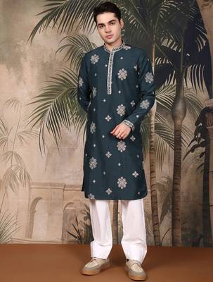 Denim blue silk blend emblisment kurta pajama for mens 3