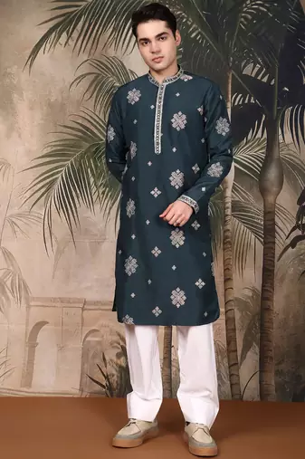 Denim blue silk blend emblisment kurta pajama for mens