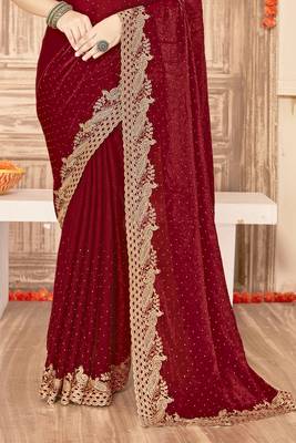 Maroon sequin zari embroidered siroski stone work two tone silk saree sari 5
