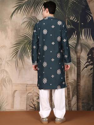 Denim blue silk blend emblisment kurta pajama for mens 4