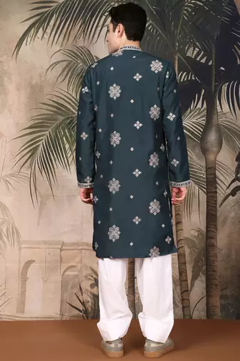 Denim blue silk blend emblisment kurta pajama for mens