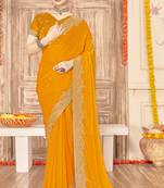 Mustard sequin zari embroidered siroski stone work two tone silk saree sari