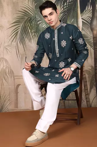 Denim blue silk blend emblisment kurta pajama for mens