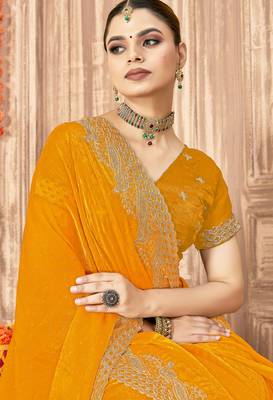 Mustard sequin zari embroidered siroski stone work two tone silk saree sari 2