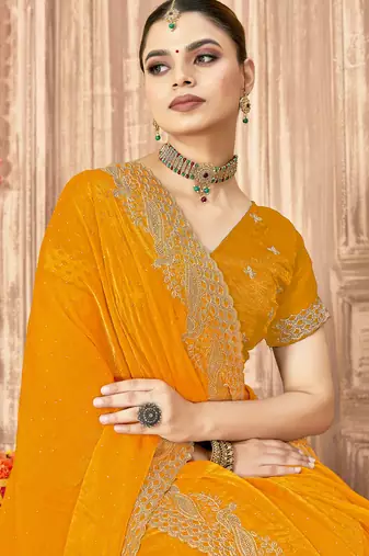 Mustard sequin zari embroidered siroski stone work two tone silk saree sari