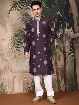 Purple silk blend emblisment kurta pajama for mens 1