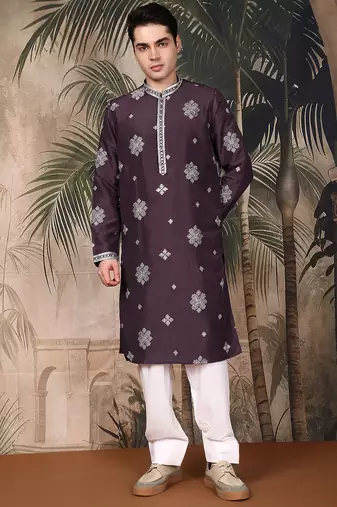 Purple silk blend emblisment kurta pajama for mens