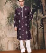 Purple silk blend emblisment kurta pajama for mens