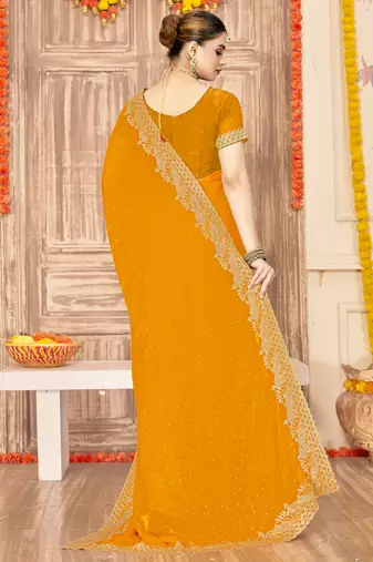 Mustard sequin zari embroidered siroski stone work two tone silk saree sari