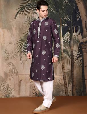 Purple silk blend emblisment kurta pajama for mens 2