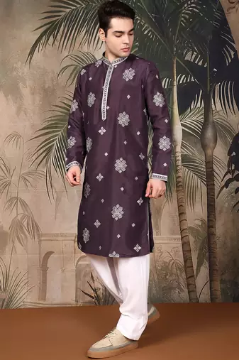 Purple silk blend emblisment kurta pajama for mens