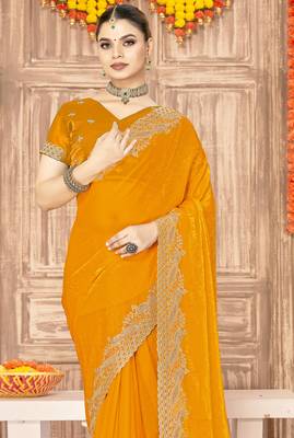 Mustard sequin zari embroidered siroski stone work two tone silk saree sari 4