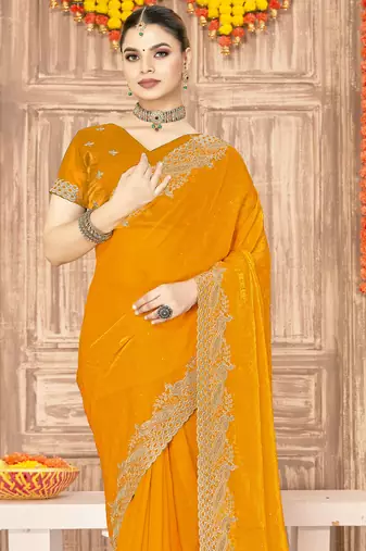 Mustard sequin zari embroidered siroski stone work two tone silk saree sari
