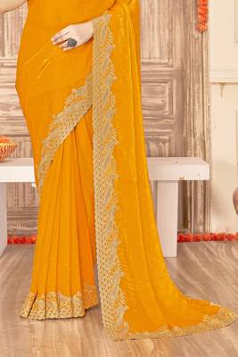Mustard sequin zari embroidered siroski stone work two tone silk saree sari 5