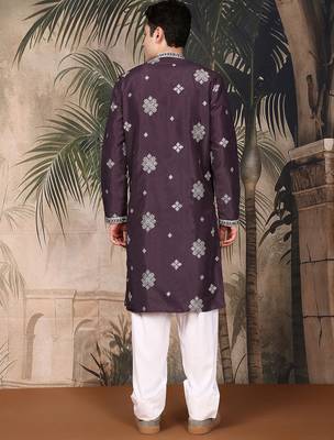 Purple silk blend emblisment kurta pajama for mens 4