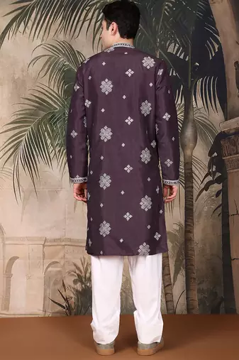 Purple silk blend emblisment kurta pajama for mens