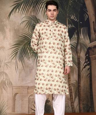 beige cotton printed kurta pajama for mens 1