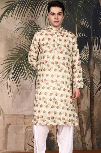 beige cotton printed kurta pajama for mens