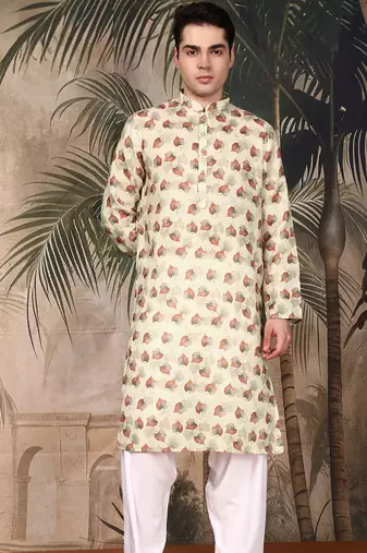 beige cotton printed kurta pajama for mens
