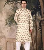 beige cotton printed kurta pajama for mens