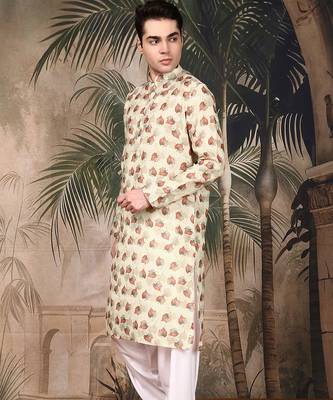 beige cotton printed kurta pajama for mens 2