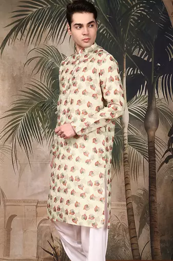 beige cotton printed kurta pajama for mens