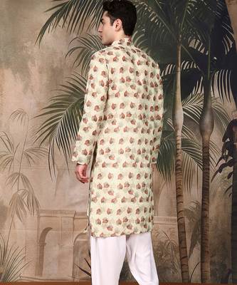 beige cotton printed kurta pajama for mens 4