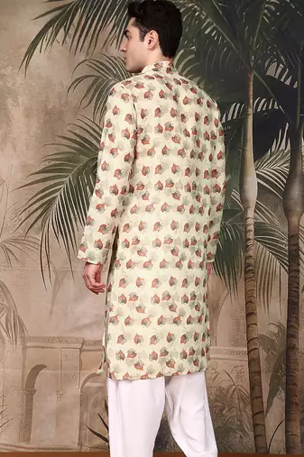 beige cotton printed kurta pajama for mens