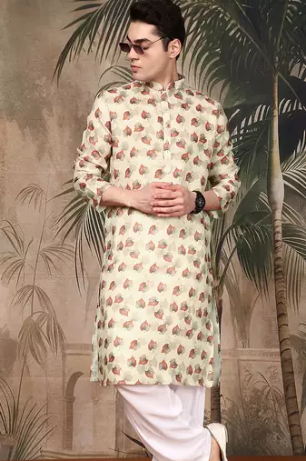 beige cotton printed kurta pajama for mens