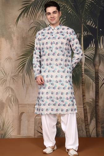 Sky blue cotton printed kurta pajama for mens
