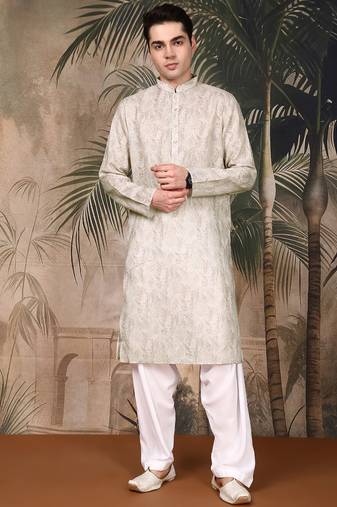 Beige cotton printed kurta pajama for mens