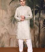 Beige cotton printed kurta pajama for mens