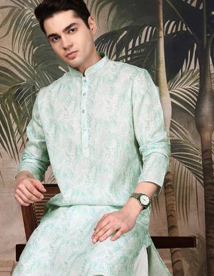 Green cotton printed kurta pajama for mens 2