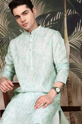 Green cotton printed kurta pajama for mens
