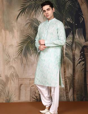 Green cotton printed kurta pajama for mens 1