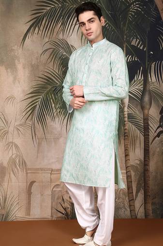 Green cotton printed kurta pajama for mens