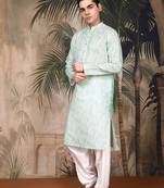Green cotton printed kurta pajama for mens