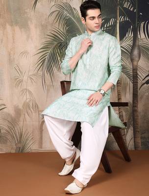 Green cotton printed kurta pajama for mens 3