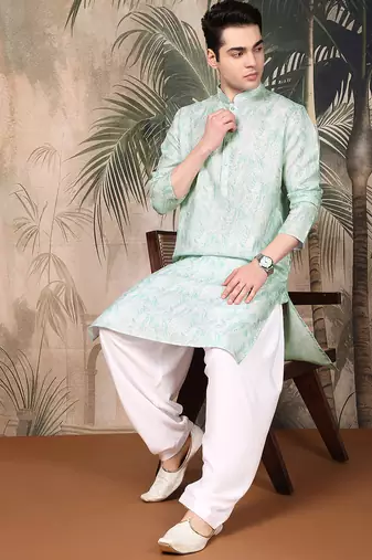 Green cotton printed kurta pajama for mens