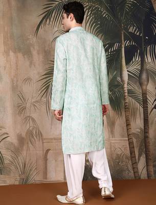 Green cotton printed kurta pajama for mens 4
