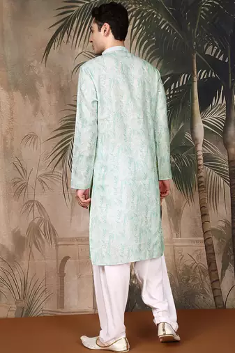 Green cotton printed kurta pajama for mens