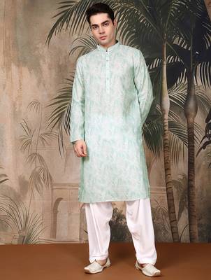 Green cotton printed kurta pajama for mens 5