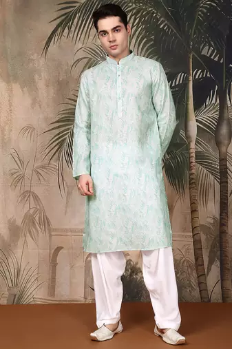 Green cotton printed kurta pajama for mens