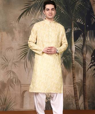 Light yellow cotton printed kurta pajama for mens 1