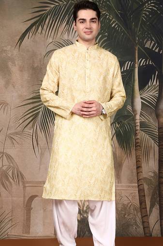 Light yellow cotton printed kurta pajama for mens
