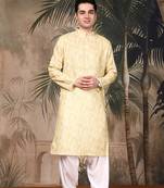 Light yellow cotton printed kurta pajama for mens