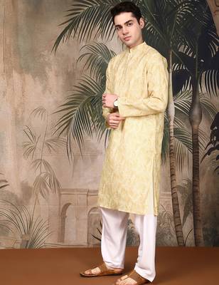 Light yellow cotton printed kurta pajama for mens 2