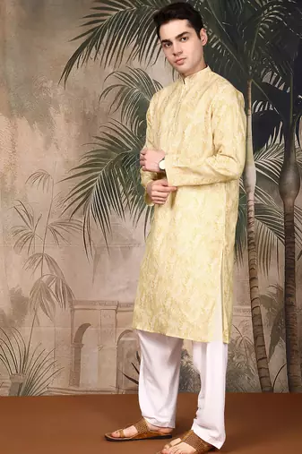 Light yellow cotton printed kurta pajama for mens