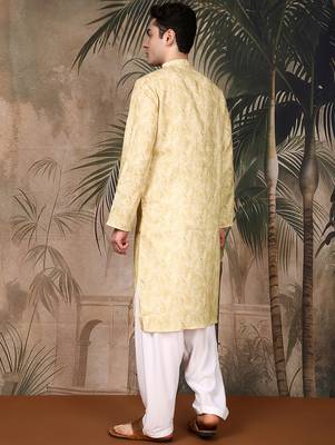 Light yellow cotton printed kurta pajama for mens 4